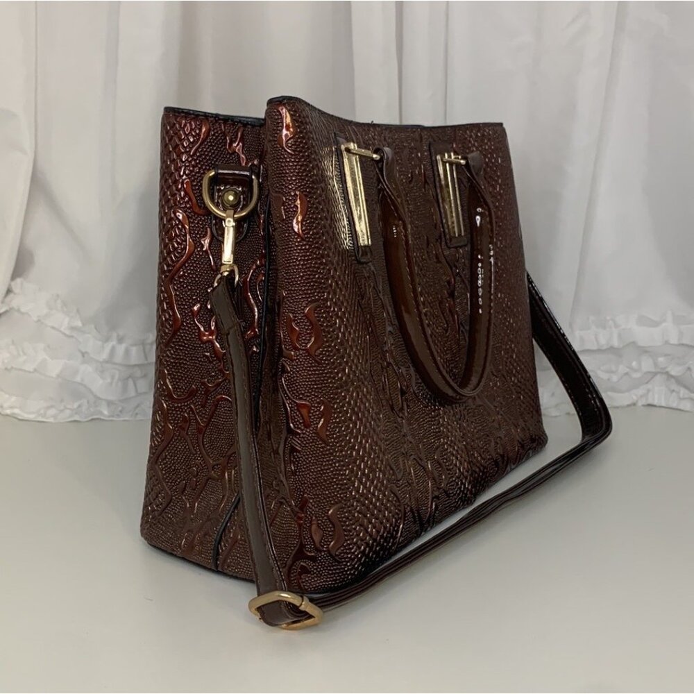 Python Print Embossed Patent Brown Shoulder Bag W… - image 3